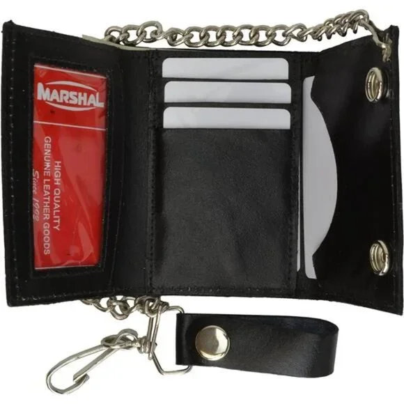 Men's Black Genuine Leather Trifold Wallet with Chain Skull